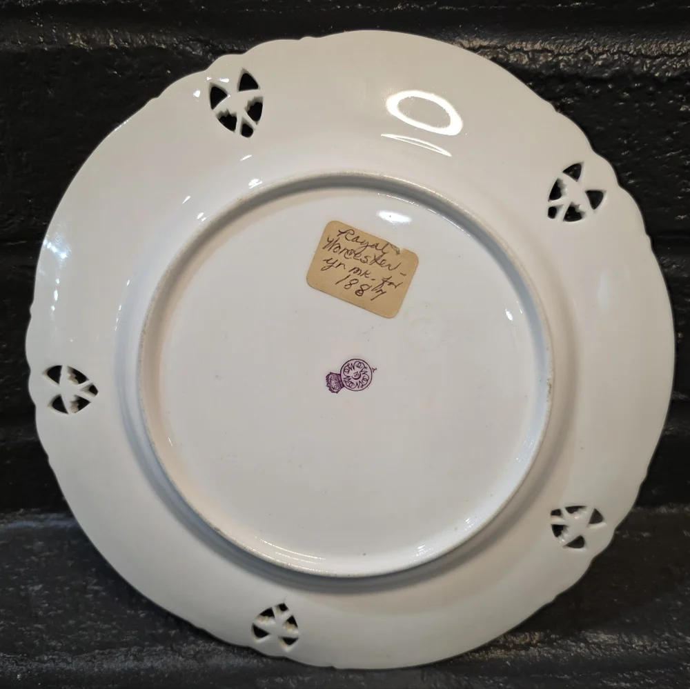 Antique 1887 Royal Worcester Pierced Rim Plate – Gold Gilt Medallion – Victorian